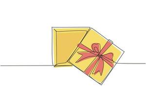 Single continuous line drawing top view open gift box and confetti. Enter to win prize. Present package with bursting element, surprise inside. Dynamic one line draw graphic design vector illustration