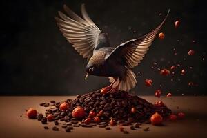 Bird and piece of dark chocolate on cocoa powder. Neural network photo