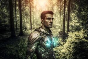 Futuristic soldier on a mission in the jungle. Neural network photo