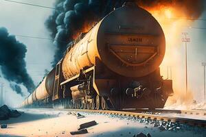 explosion of wagons at the railway station. Neural network photo