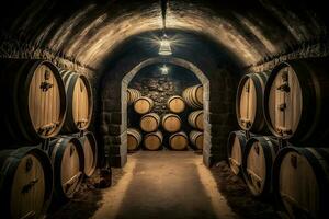 Old Wooden barrels with wine in a wine vault cellar. Neural network generated art photo