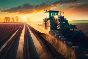 granjero con tractor siembra siembra cultivos a agrícola campo. plantas, trigo. neural red ai generado foto