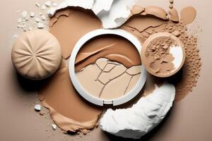 Flat lay composition with various makeup face powders on white background. Neural network photo