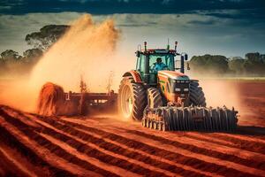 granjero con tractor siembra siembra cultivos a agrícola campo. plantas, trigo. neural red ai generado foto
