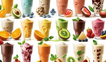 Collection of colorful delicious fruit smoothies isolated on white background. Neural network photo