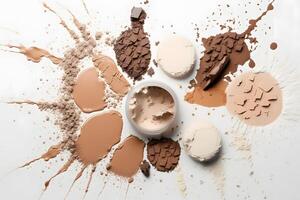 Flat lay composition with various makeup face powders on white background. Neural network photo