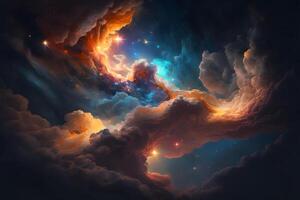 Space background with galaxy and nebula in blue and orange clouds. Neural network photo