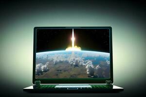 Rocket flies out of the computer, high speed internet, startup concept . Neural network generated art photo