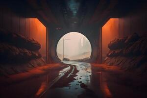 Postapocalyptic tunnel after rain with orange radioactive dust. Neural network photo