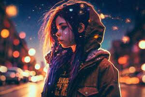 A beautiful cyberpunk girl stands against the backdrop of the night city of the future. Cyberpunk concept. Neural network photo