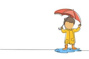 dibujo continuo de una línea juego de niño pequeño usar impermeable y paraguas. niño jugando bajo la lluvia. niño con impermeable y botas de goma juega bajo la lluvia, salpicando charcos. gráfico vectorial de diseño de dibujo de una sola línea vector