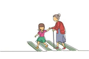 Single one line drawing little girl helps old woman to cross road at pedestrian crossing. Help grandmother crosswalk. Safety traffic. Modern continuous line draw design graphic vector illustration