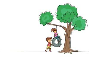 Single one line drawing happy boys and girls playing tire swing under tree. Kids swinging on tire hanging from tree. Children playing in garden. Continuous line draw design graphic vector illustration