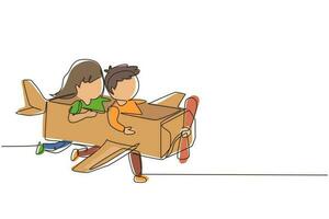 Continuous one line drawing creative kids playing as pilot with cardboard airplane. Children riding cardboard handmade airplane. Plane game pilot. Single line draw design vector graphic illustration