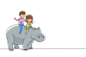 Continuous one line drawing happy little boy and girl riding hippo together. Children sitting on back hippopotamus in zoo. Kids learning to ride hippopotamus. Single line draw design vector graphic