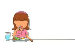 Continuous one line drawing girl eating healthy morning breakfast food. Happy child eat delicious food with milk at home. School girl enjoying dish. Single line draw design vector graphic illustration