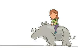 Single one line drawing happy girl riding rhino rhinoceros. Child sitting on back rhinoceros in zoo. Kids learning to ride rhinoceros. Modern continuous line draw design graphic vector illustration