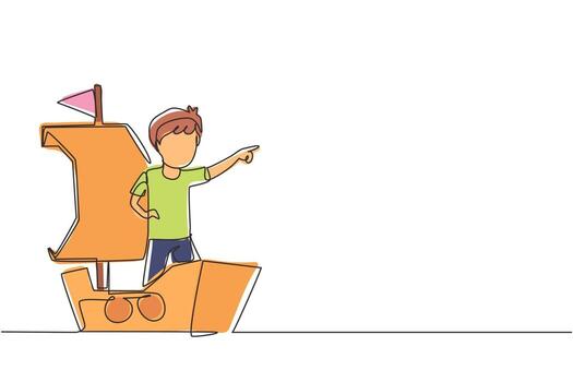 Single continuous line drawing little boy playing sailor with boat made of cardboard box. Creative kid character playing ship made of cardboard boxes. One line draw graphic design vector illustration