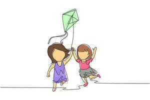Single one line drawing two girl playing to fly kite up into sky at outdoor field. Kids playing kite in playground. Children with kites game and they look happy. Continuous line draw design graphic vector