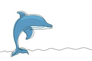 Single one line drawing cute dolphins. Cute blue dolphins, dolphin jumping and performing tricks with ball for entertainment show. Modern continuous line draw design graphic vector illustration