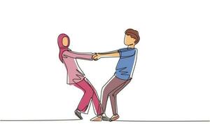 Single one line drawing happy Arab man and woman dancing on the floor at park. Romantic young wedding couple holding hands and spinning around. Continuous line draw design graphic vector illustration