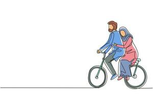 Single continuous line drawing romantic Arab couple having fun on date riding bicycle. Back view of romantic teenage couple ride bike. Young man and woman in love. One line draw graphic design vector