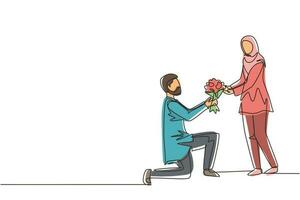 Single continuous line drawing Arab man on knee making marriage proposal to woman with bouquet. Boy in love giving flowers. Happy couple getting ready for wedding. One line draw graphic design vector