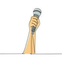 Continuous one line drawing female hand holding microphone isolated on white background, clipping path. Karaoke people sings the song to microphone. Single line draw design vector graphic illustration