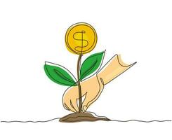 Continuous one line drawing young woman planting money tree in garden. money tree investment growth income interest savings economy funds market. Single line draw design vector graphic illustration