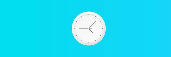 White wall clock with black second hand hanging on the wall. Minimalist flat lay image of plastic wall clock over blue turquiose background with copy space and central composition. photo