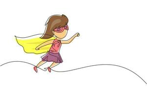 Continuous one line drawing cute super girl. Little girl dressed as super hero flying in traditional heroic pose, stretching up her arm, cape in wind develops. Single line draw design vector graphic