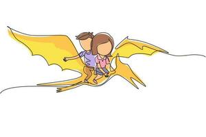 Single continuous line drawing boy and girl riding flying dinosaur together. Pterodactyl ride with kids sitting on back of dinosaur and flying high in sky. Dynamic one line draw graphic design vector