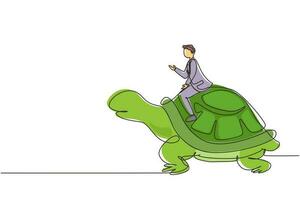 Continuous one line drawing businessman riding huge turtle. Slow movement to success, manager driving giant tortoise. Business competition concept. Single line draw design vector graphic illustration