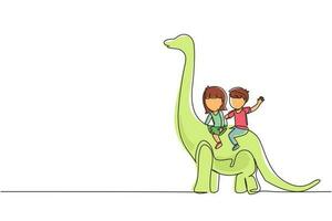 Single continuous line drawing little boy and girl caveman riding brontosaurus together. Kids sitting on back of dinosaur. Ancient human life concept. One line draw graphic design vector illustration