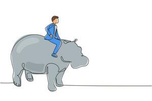 Single continuous line drawing businessman riding hippopotamus symbol of success. Business metaphor concept, looking at goal, achievement, leadership. One line draw graphic design vector illustration