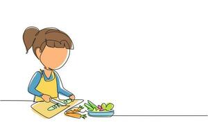 una sola línea continua de dibujo niña está cortando zanahoria y otras verduras frescas. el niño sonriente disfruta cocinando en casa para ayudar a la madre. ilustración de vector de diseño gráfico de dibujo de una línea