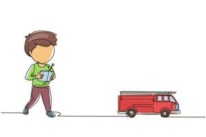 Single one line drawing boy playing with remote-controlled fire truck toy. Cute kids playing with electronic toy fire truck with remote control in hands. Continuous line draw design graphic vector