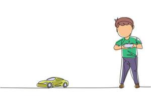 Single continuous line drawing little boy playing with remote-controlled car. Cute kids playing with electronic toy car with remote control in hands. One line draw graphic design vector illustration