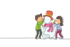 dibujo de una sola línea niños felices hacen muñecos de nieve juntos. bosque nevado, niños y niñas con ropa de abrigo, muñeco de nieve de año nuevo. ilustración de vector gráfico de diseño de dibujo de línea continua moderna