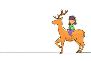 Single continuous line drawing happy little girl riding deer. Child sitting on back deer with saddle in ranch ground. Kids learning to ride reindeer. One line draw graphic design vector illustration