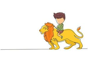 soltero continuo línea dibujo contento pequeño chico montando león. niño sentado en espalda grande león a circo evento. niño aprendizaje a paseo bestia animal. dinámica uno línea dibujar gráfico diseño vector ilustración