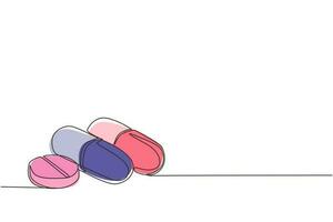 Single one line drawing set of pills and capsules isometric icon. painkillers, antibiotics, vitamins and aspirin. Medical pills icon. Modern continuous line draw design graphic vector illustration