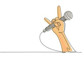 Single continuous line drawing rock hand gesture holding microphone with live rock caption. Rock and roll music live concert or party poster or flyer concept. One line draw graphic design vector