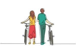 Single continuous line drawing rear view couple man and woman walking together with bicycle. Young boy and girl in love. Happy romantic married couple. One line draw graphic design vector illustration