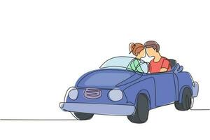 Continuous one line drawing romantic couple riding car going on road trip. Cheerful man and woman driving in cabriolet car. Couple summer vacation travel. Single line draw vector graphic illustration
