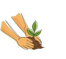 dibujo de una sola línea plantando un árbol joven con la mano de un niño en la tierra trasera como concepto de cuidar y salvar el mundo. plantación de silvicultor de plántulas en crecimiento. ilustración de vector gráfico de diseño de dibujo de línea continua moderna