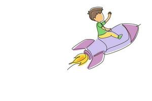 Continuous one line drawing happy boy is sitting on flying rocket. Preschool kid. Children sitting on rocket. Back to school. Educational concept. Single line draw design vector graphic illustration