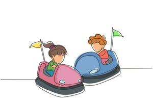 Single continuous line drawing children driving bumper car. Happy smiling boy and girl on bumper auto wheel attraction at amusement park. Enjoyment family time. One line draw graphic design vector