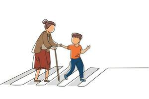 Single continuous line drawing polite boy help grandmother cross street. Well mannered child assistance to aged woman. Kid and elderly female go on crosswalk together. One line graphic design vector