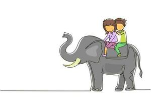 Single continuous line drawing happy little boy and girl riding elephant together. Children sitting on back elephant and travelling. Kids learning to ride elephant. One line draw graphic design vector